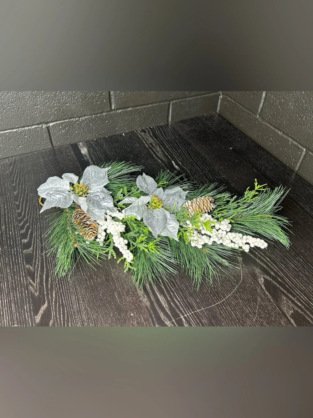 Festive Silver Poinsettia Pine Garland - Home Holiday - Pinecone Accent - 23x13